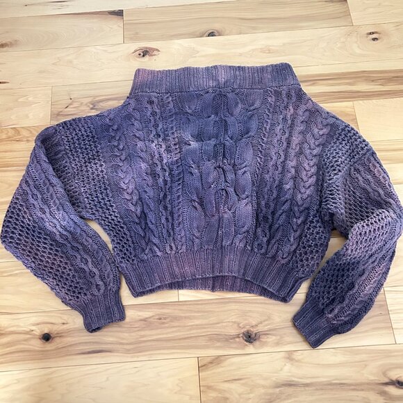 Hand Knit Botanical Dye Cotton Sweater Open Neck Crop Cable Tie Dye OOAK S - Picture 2 of 8